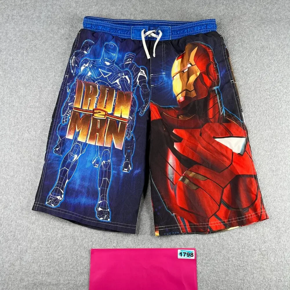 Iron Man Swim Trunks Boys 14/16 Blue Graphic Print Pool Beach Elastic Waist
